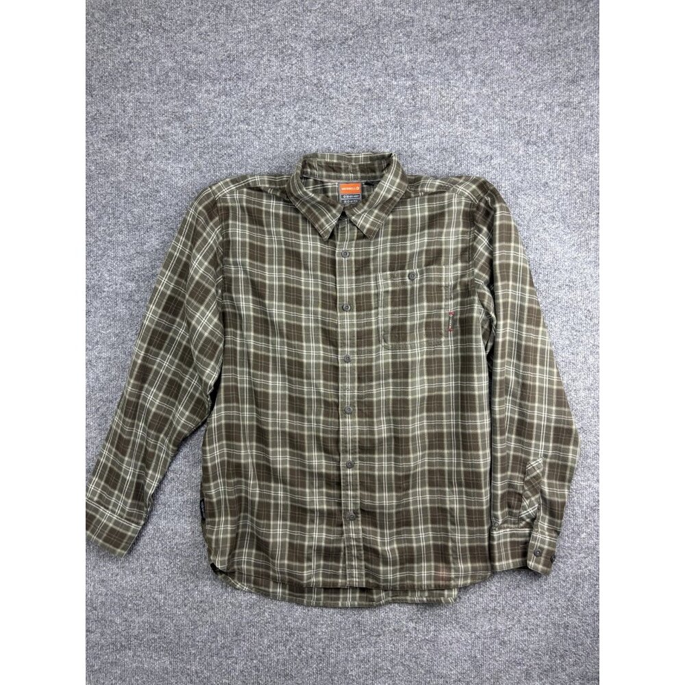 Merrell Shirt Mens Large Green Brown Plaid Opti Wick UPF 20 Hiking Button Down‎